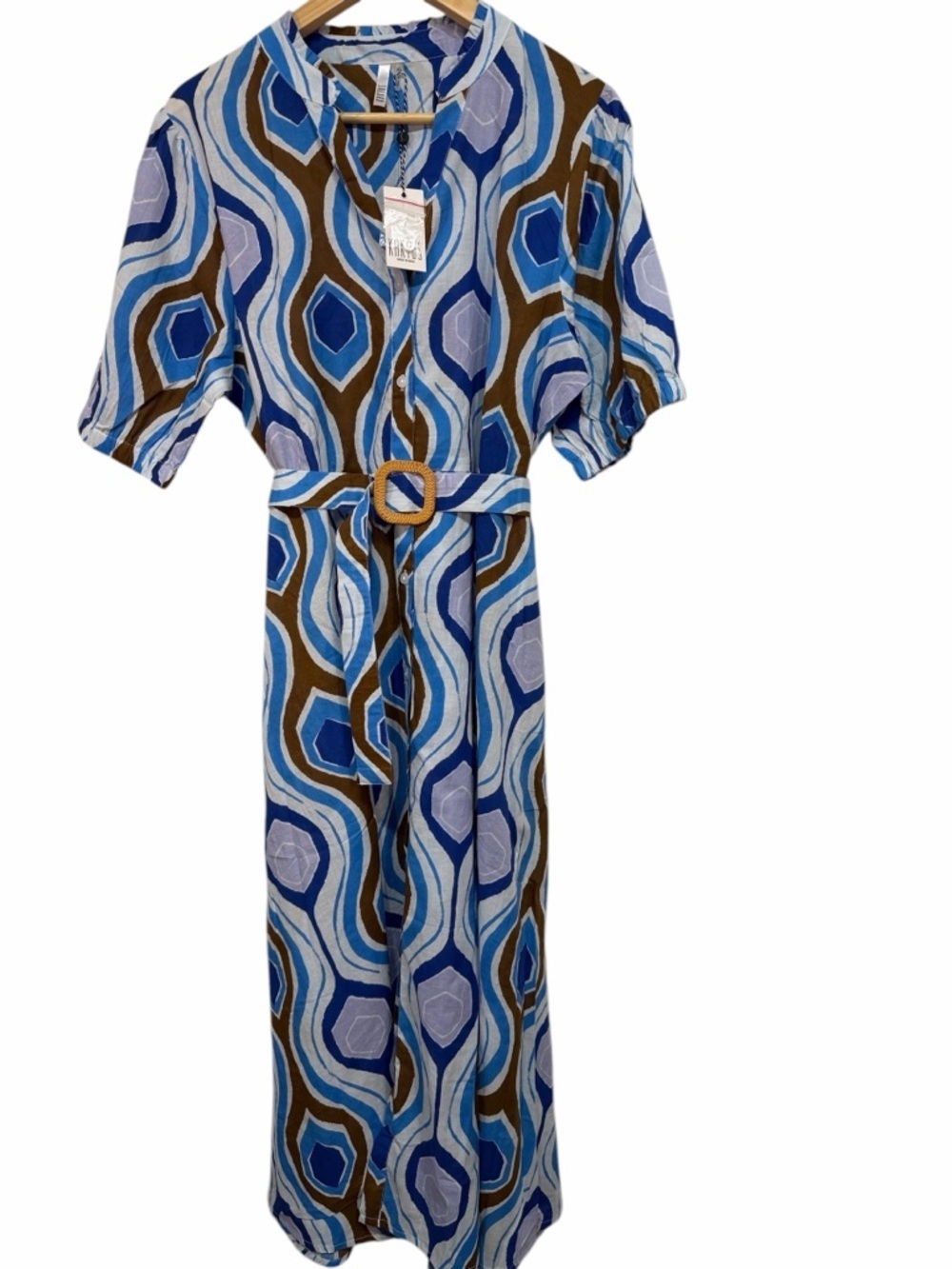 Kaktus NWT Blue/Brown Geometric Midi Dress with Belt and pockets XL